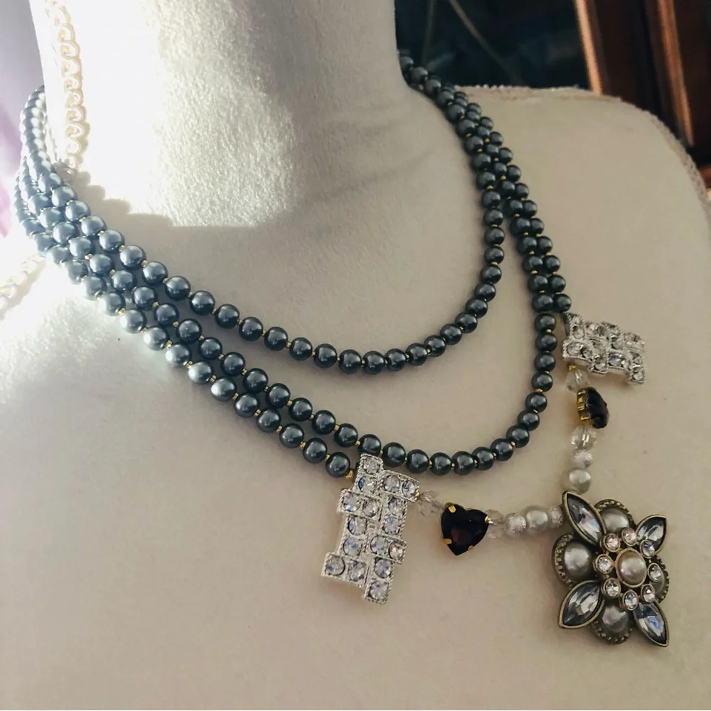 Handcrafted repurpose faceted gem Czech glass Pearl fancy toggle clasp necklace